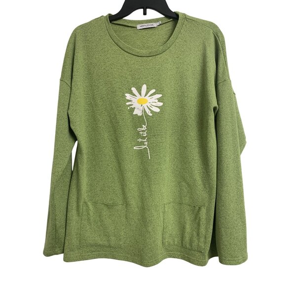 MISSLOOK Tops - Misslook L Lightweight Floral Cotton Casual Knit Henley Sweater Green